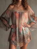  MQTIME  -  Vintage Pattern Print Loose Mini Dress Spring Sexy Slash Neck Hollow Women's Party Dress New Fashion Long Sleeve Boho Dress