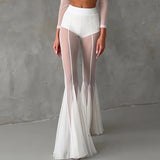 MQTIME  -  Women's Casual Patchwork Pleated Flared Pants Perspective Mesh Slim Trousers New Summer Elastic High Waist Club Long Pants