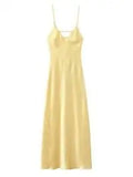 MQTIME  -  Fashion Lady Elegant Sling Maxi Dresses Solid Sleeveless Backless V Neck Slim Fit Long Satin Gowns New Evening Party Robes