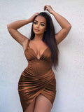 MQTIME  -  Summer Women's Clothing Deep V Neck Backless Sexy Elegant Party Dress For Woman Polyester Short Bodycon Ruched Sleeveless