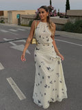  MQTIME  -  Elegant Elegant Butterfly Print  Sleeveless Long Dress Women Halter Backless Lace Up Slim A-line Dresses New Lady Party Robes