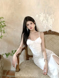 MQTIME  -  Elegant Sheer Mesh Sexy Maxi Dress For Women White See Through Spaghetti Strap Sleeveless Thigh High Split Long Dress