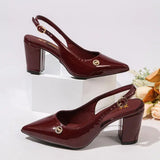 MQTIME  -  Sexy Pointed Toe Thick High Heel Slingback Pumps Women Summer Luxury Patent Leather Buckle Pumps Woman's Black Office Shoes