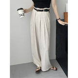 MQTIME  -  Stripe Linen Cotton Long Pant Women High Waist Wide Leg Pants