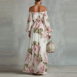 MQTIME  -  Temperament print spring fashion new dress elegant high street style one shoulder lantern sleeve cinched waist dress