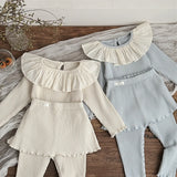 MQTIME  -  New Newborn Girls 2PCS Homewear Clothes Set Ribbed Ruffle Lace Collar Long Sleeves +Culotte Outfits Sweet Infant Baby Girl Suits