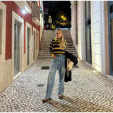 MQTIME  -  Striped Knit Pullover Women Polo Collar Half Single Breasted Long Sleeves Sweater Female Winter Chic Fashion Knitwears