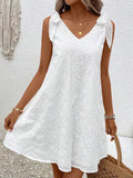 MQTIME  -  Summer Lace Dress V Neck Sleeveless Boho Cotton Dress Embroidery Hollow Out Lace-up Vestidos Lose Fit Robe Femme Été