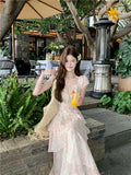 MQTIME  -  Elegant Vintage Tierred Floral Summer Women Dress Female Patchwork Long Fairy Dress Female Casual Evening Party Dress