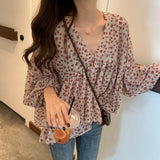 Mqtime V-neck Chiffon Shirt Women Sweet Tops Blouse Spring Korean Floral Print Long Sleeve Casual Loose Slim Lady Clothes New