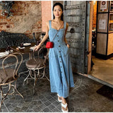 MQTIME  -  Vintage Single Breasted Denim Dress Women Suspender V-neck Sleeveless Pockets A-line Long Dresses 2024 Summer Female Casual Robe