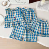 MQTIME  -  Children's Clothing Sets Plaid Print Sleeveless Top + Wide Leg Pants + Shorts 3 Pcs Sets Girls Clothes 2 To 8 Years Outfit Sets