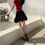 MQTIME  -  Women Black Elastic Waist Ruffle Mini Skirts Irregular Asymmetric Hem Flowy Pleated A Line Solid Color Basic Short Skater Skirts