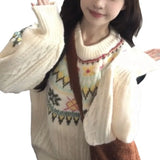 MQTIME  -  Women Knitting Sweater Winter New Women's Retro O-neck Sweet Sweater Fair Isle Jacquard Korean Lazy Knit Top