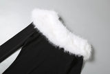  MQTIME  -  Furry Patchwork Christmas Dress Women Winter Elegant Trend Diagonal Collar Split Hem Full Sleeve Party Club Vestidos