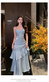 MQTIME  -  Women's Elegant Ruffles Long Dresses Fashion Spaghetti Strap Sleeveless Princess Party Dress Summer Slim Waist Casual Vestidos