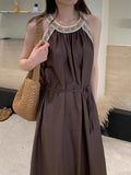 MQTIME  -  Latest French Design Women's Dress Solid Elegant Sleeveless Off Shoulder Strap Dress Maxi Dress