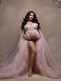﻿ MQTIME  -  Pink Maternity Dresses for Photography  Sexy Lace Appliques Pregnant Prom Dress Elegant Customized Babyshower Gowns