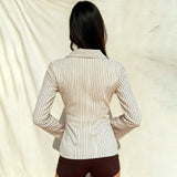  MQTIME  -  Striped Deep V-Neck Lace-Up Waist Shirt Flared Long Sleeve Cardigan Casual Top