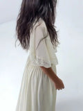  MQTIME  -  Women Casual Dresses Deep V Lace Waist Cutout Maxi Dress Puff Sleeve Flowy Skirt Bohemian Daily Outfit Summer Wear Woman Clothes