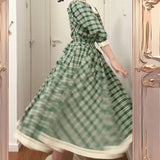 MQTIME  -   princess Retro French green check white flower lace v neck button short sleeve ruffles bow a line Antique evening dress24.6.6