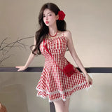 MQTIME  -  Plaid Dresses Women Bandage Sleeveless Slim Lace Patchwork Summer Fashion Sweet Elegant Party Mini Dress Female Casual
