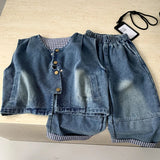  MQTIME  -  Set Spring/summer New Childrens Clothing Korean Style Boys and Girls Fashion Check Shirt Denim Vest Pants Three-piece Set