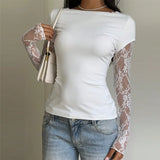 MQTIME  -  Fashion White Lace Patchwork Tops Women O-Neck Fake Two-Piece Long Sleeves Casual Daily Date Commute T-shirts Spring