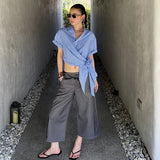  MQTIME  -  Y2K Stylish Streetwear Faux Two-Piece Splicing Design Loose Fit Versatile Straight Cut Cropped Trousers