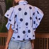MQTIME  -  Women Button Pleated Lapel Collared Shirt Y2k Polkadot Print Short Flutter Sleeve Crop Top Ruffle Hem Babydoll Blouse