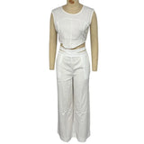 MQTIME  -  2 Piece Set Women Clothing Casual Elegant Solid Sleeveless Square Neck Slim Top Loose Wide Legs Hollow Out Pants Sets