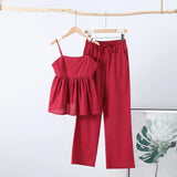  MQTIME  -  Orange Drawstring Women Wide Leg Pants Suit Elegant Sleeveless Ruffles Pleated Hem Sling Tops Lady Two Piece Set Street Outfits