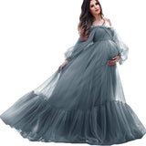 MQTIME  -  Puffy Sleeve Maternity Dress Tulle Robe With Underskirt for Photoshoot Off Shoulder Pregnancy Baby Shower Gown