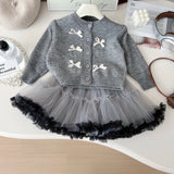 MQTIME  -  2-7Y Girls' Sweater Set 2024 New Autumn Children's Knitted Cardigan Coat Tulle Skirts 2 Pcs Kid's Outfit