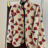 MQTIME  -  Vintage Design Rose Print Zipper Fleece Jacket Stand-up Collar Warm Top Shearling Jacket Jackets for Women Autumn Winter Coats