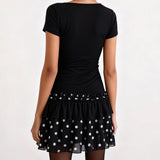 MQTIME  -  Women Dot Print Summer Dress Slim Deep V Neck Short Sleeve A-line Mini Layered Ruffle Dresses