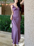 MQTIME  -  Summer Purple Satin Backless Long Dress Elegant Women Sexy V-neck Bodycon Dresses Ladies Vintage Evening Party Dress Vestidos