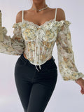 MQTIME  -  Floral Print Lace Trim Cold Shoulder Corset Top with Long Sleeves - Stylish Clubwear for Women s Street Style Fashion