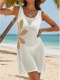 MQTIME  -  Crochet Knit U Neck Beach Mini Dress Women Sleeveless Big Floral Print Hollow Mesh Sheer Coverup Lady Summer Holiday Wears New
