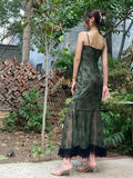 MQTIME  -  Black Lace Hem Flower Green Strap Midi Long Dress Summer Sexy Goth Harajuku Vintage Street Fashion y2k Dresses Maxi Women Cloth