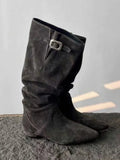 MQTIME  -  Women's Calf Boots Spring Slouchy Boots Sheepskin Ruched Low Heel Pointed Toe Mid Calf Knee High Denim Cowboy Riding Boots