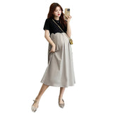 Mqtime 2025 French Style Pregnant Women Elegant Dress Plus Size Long Sleeve O-Neck High Waist Maternity A-Line Dress Long Loose Clothes