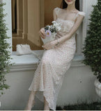 MQTIME  -  French Style Vintage Polka Dot Long Dress Summer Stylish Lace Patchwork Female Clothing Flying Sleeve Elegant Bag Hip Dresses