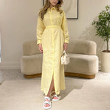 MQTIME  -  Fashion Lace-Up Long Sleeve Party Dress Elegant Lapel Single Breasted Solid Shirt Dress Women's Cotton Linen Pleated Long Dress