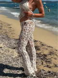 MQTIME  -  Women's Crochet Lace Flared Pants Boho Beach Vacation See-through Mesh Trousers Summer Casual Chic Hollow-out Sexy Slim Fit Pant