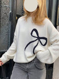 MQTIME  -  Korean Classic Bow Round Neck Pullover Sweater Long Sleeve Loose Slim Women Top Soft Fabric Autumn And Winter Warm Blouse Beige