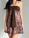 MQTIME  -  Vintage Y2k Flower Print Halter High Waist A-LINE Sleeveless Short  Dresses