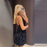 MQTIME  -  Hot Girls V-Neck Glitter Big Hem Dresses Fashion Hollow Backless Night Club Party Dress Women Elegant Pleat Waisted Mini Dress