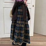 MQTIME  -  Women Vintage Green Plaid Tiered Midi Skirts Elastic High Waist A Line Ruffled Cake Skirt Autumn Casual Preppy Style Long Skirts