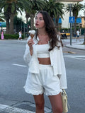 MQTIME  -  Casual  Ruffles Shirt Shorts Sets Women 2 Pieces 2025 Summer Single Breasted V-neck Loose Shirts Wide Leg Shorts Suits Solid